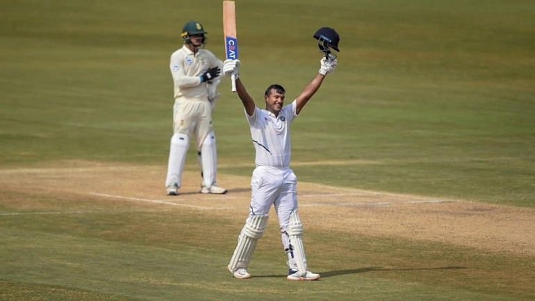 Mayank Agarwal celebrating after his maiden double century